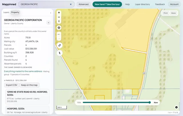 A company's page: its acres, value and parcels, each drawn on the map